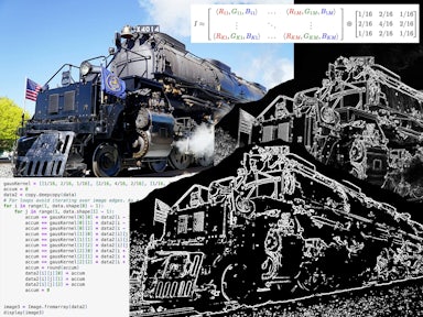 Photo of the Union Pacific Big Boy next to other images where a sobel filter and a Canny edge detection filter is applied. An image of a code sinppet of Guassian blur and an image of the kronecker product is also there.