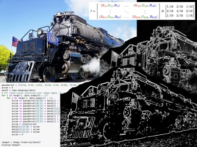 Photo of the Union Pacific Big Boy next to other images where a sobel filter and a Canny edge detection filter is applied. An image of a code sinppet of Guassian blur and an image of the kronecker product is also there.