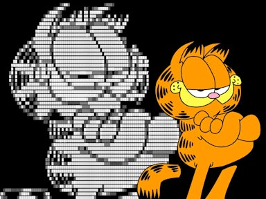 Regular picture of Garfield next to one converted to ASCII characters.