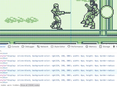 A screenshot of Robocop for the Gameboy converted to divs with a dot matrix effect. Below it is a a page inspector open showing the divs to the image.