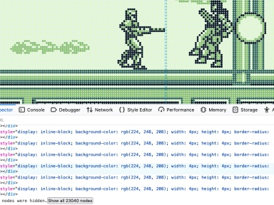 A screenshot of Robocop for the Gameboy converted to divs with a dot matrix effect. Below it is a a page inspector open showing the divs to the image.