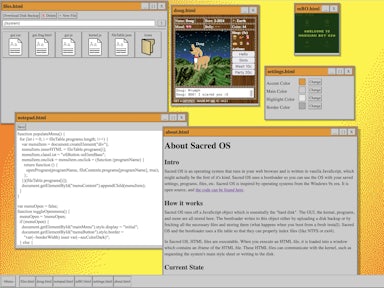 A screenshot of the Sacred OS operating system with various windows opened.