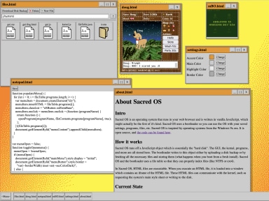 A screenshot of the Sacred OS operating system with various windows opened.